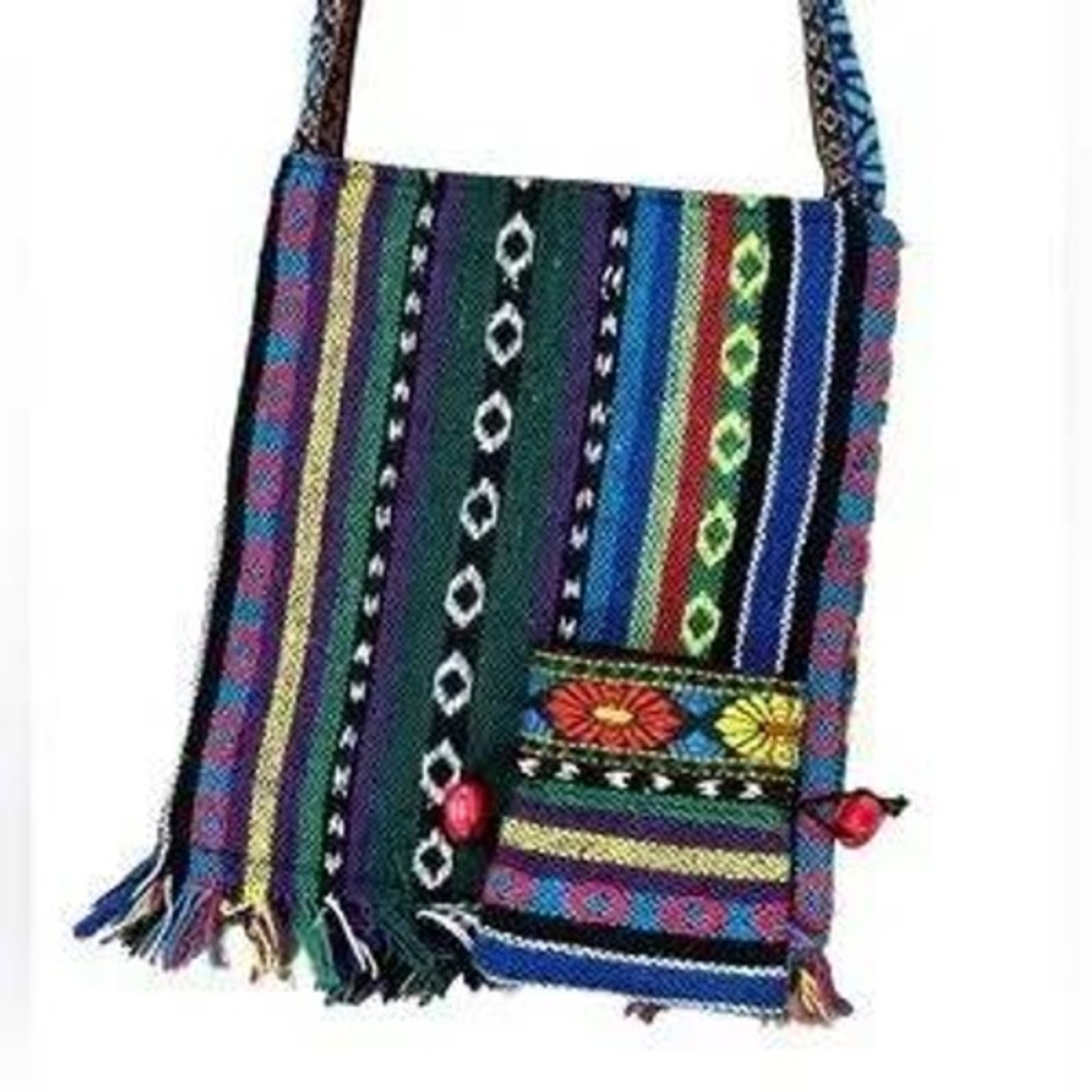 Vintage Y2K‎ Boho Hobo Bag - Multicolor W Attached Mini Side Pouch Fringe Edges